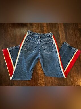 Vintage 90s Revolt Blue Straight-Leg Jeans with Red & Yellow Side Stripes